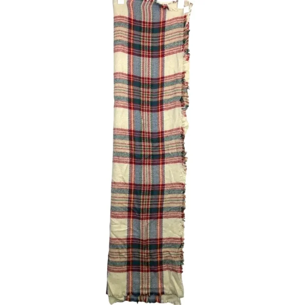 Womens Red Plaid Neck Scarf Cream Fringe Countryside‎ Prep Square Wrap